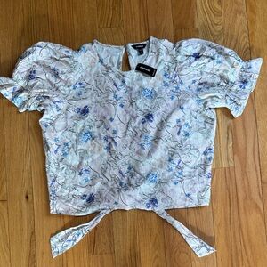 Express Blue Floral Puff Sleeve Open Back Blouse